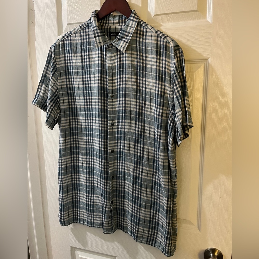 Vince mens L 100% linen Plaid shirt sleeve shirt perfect